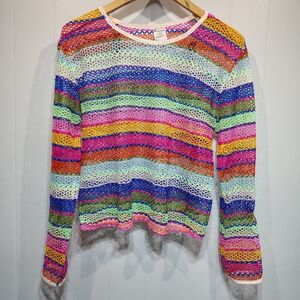 Rainbow Crochet Mesh Top Fishnet Sheer Festival Y2K Long Sleeve